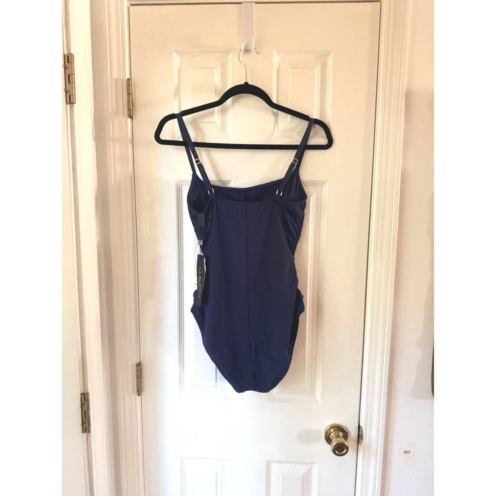 La Blanca Island Goddess One Piece Swimsuit Indigo Blue Ruched LB0IG24-IND Sz 10